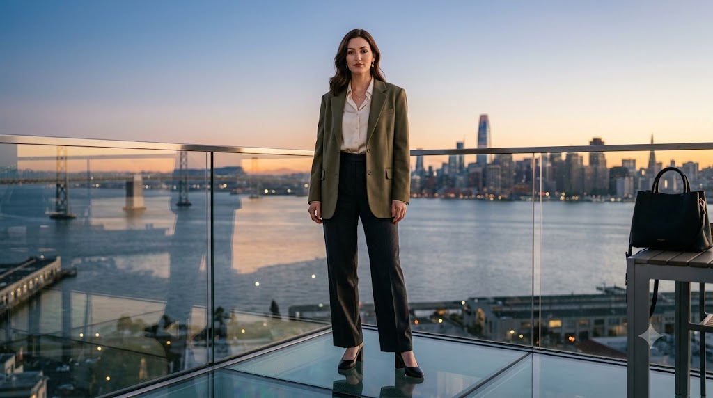 Olive Green Oversized Blazer & Cream Silk Button-Down